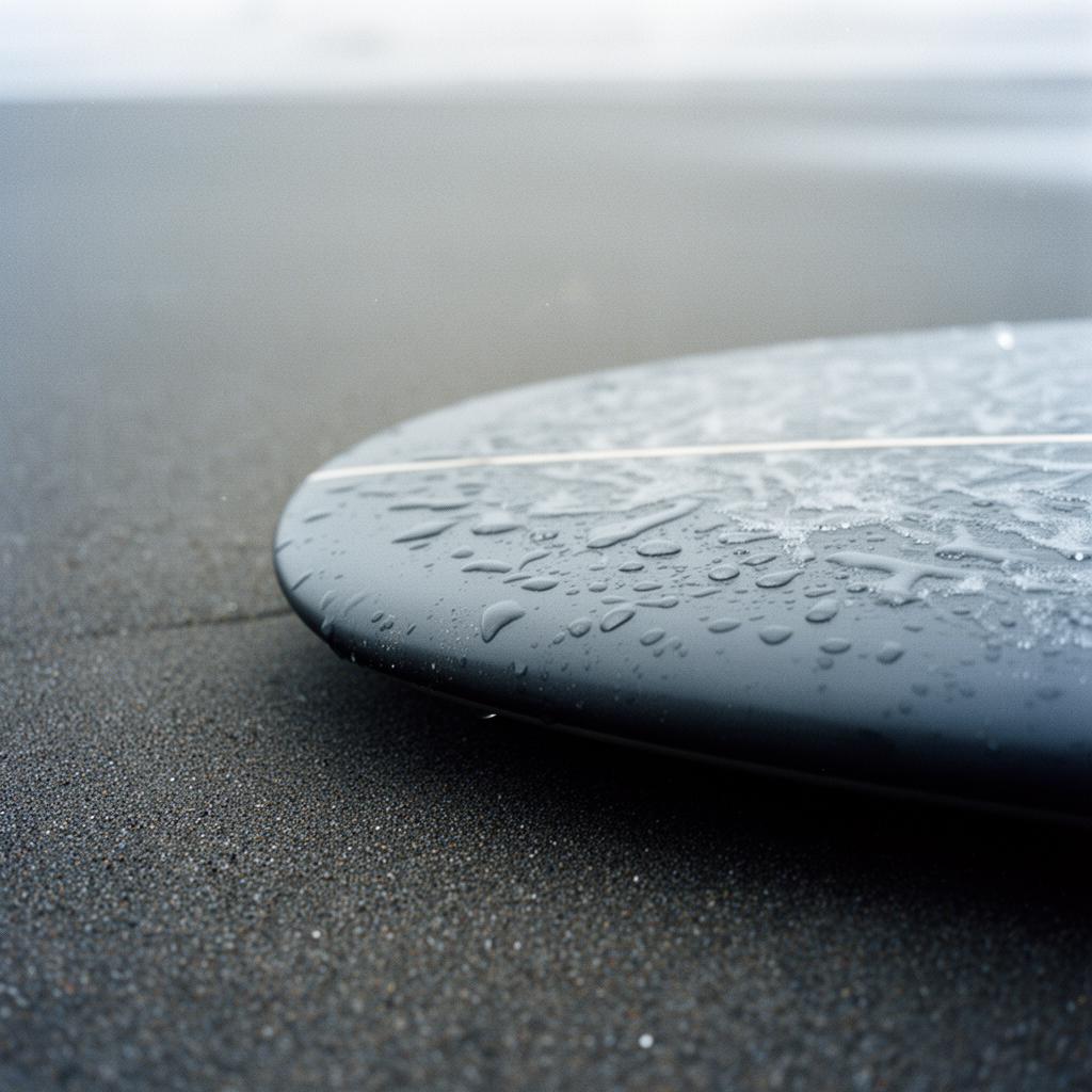 Detalle de tabla de surf húmeda sobre arena oscura